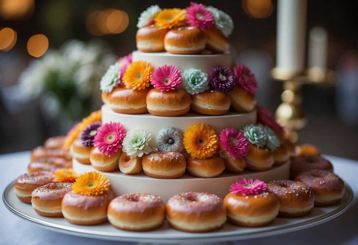 A tiered wedding cake made of donuts arranged in a decorative display. Vibrant colors and floral accents add to the presentation