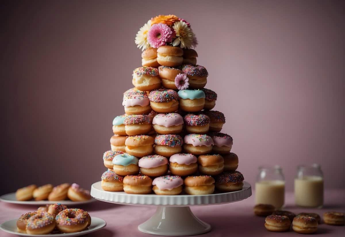A tower of donuts arranged in a tiered wedding cake formation, adorned with colorful frosting, sprinkles, and edible flowers