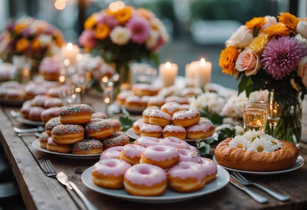 A table adorned with donut wedding cakes in various sizes and designs, surrounded by colorful floral arrangements and twinkling fairy lights