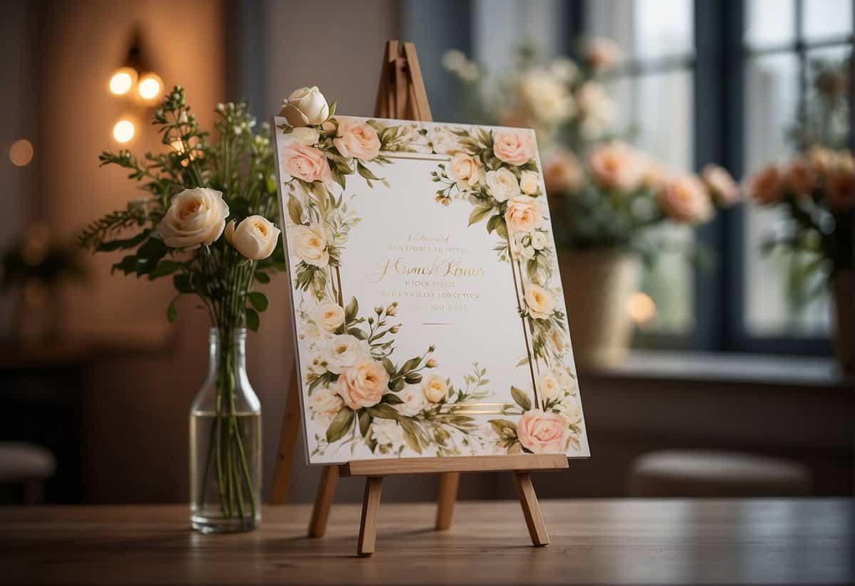 A decorative easel adorned with flowers and a romantic quote, set against a backdrop of soft lighting and elegant decor