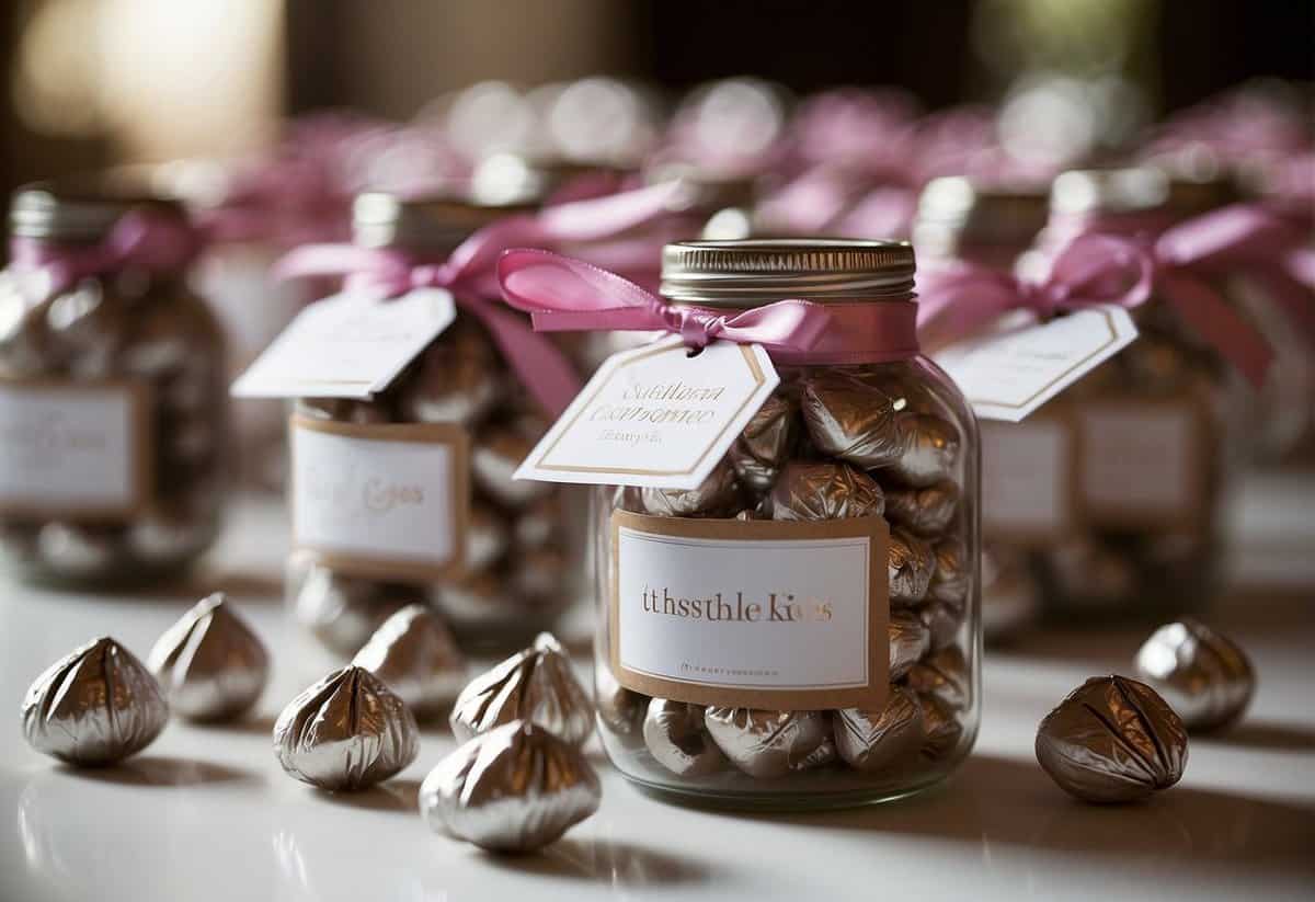 A table covered in Hershey's Kisses wedding favors, adorned with ribbons and tags