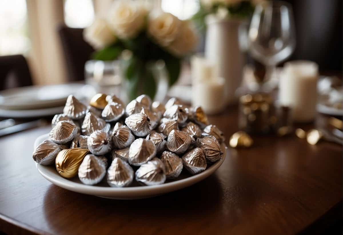 A table adorned with various Hershey Kisses in elegant packaging, surrounded by wedding decor and favor ideas