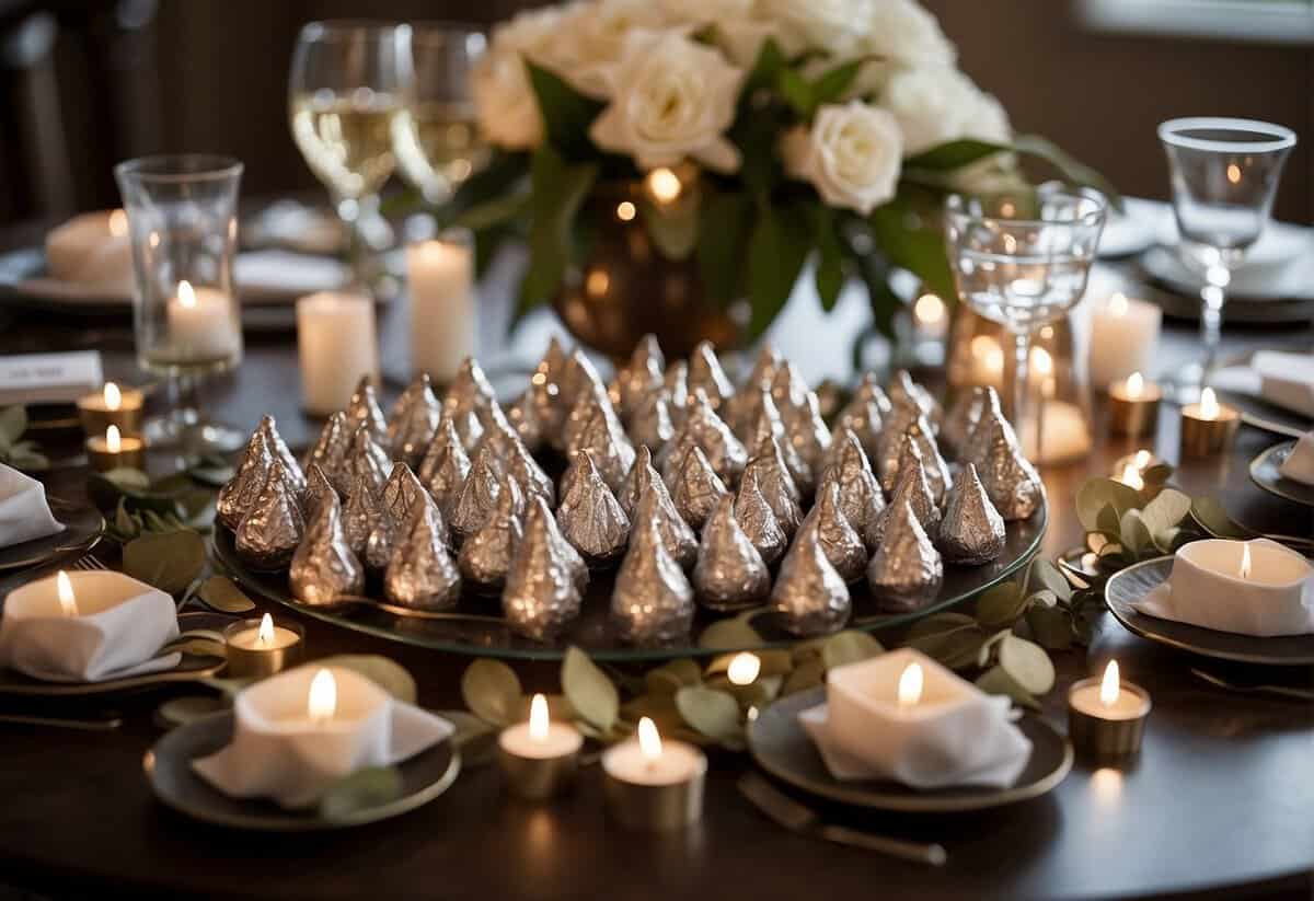 A table adorned with Hershey kisses in decorative packaging, surrounded by wedding decor and favor tags
