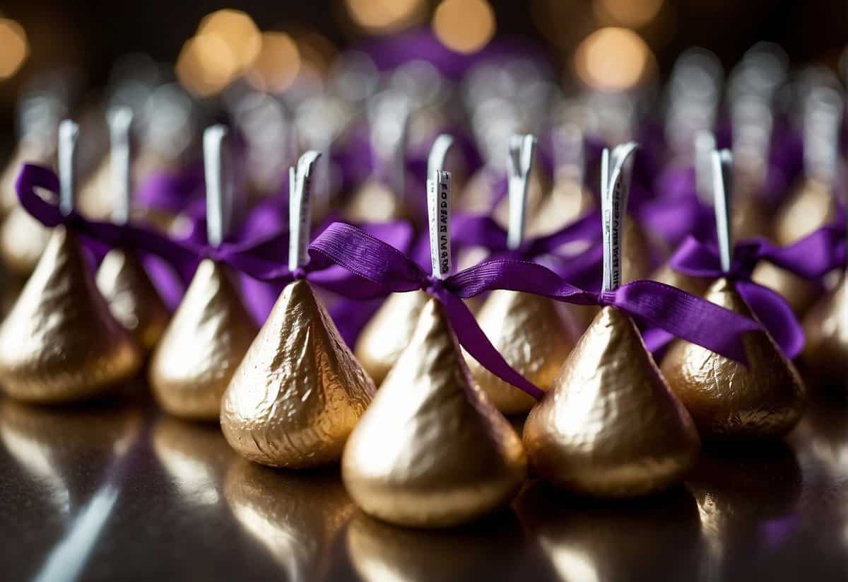 Hershey kisses arranged in a decorative display, with ribbons and tags, to create unique wedding favors