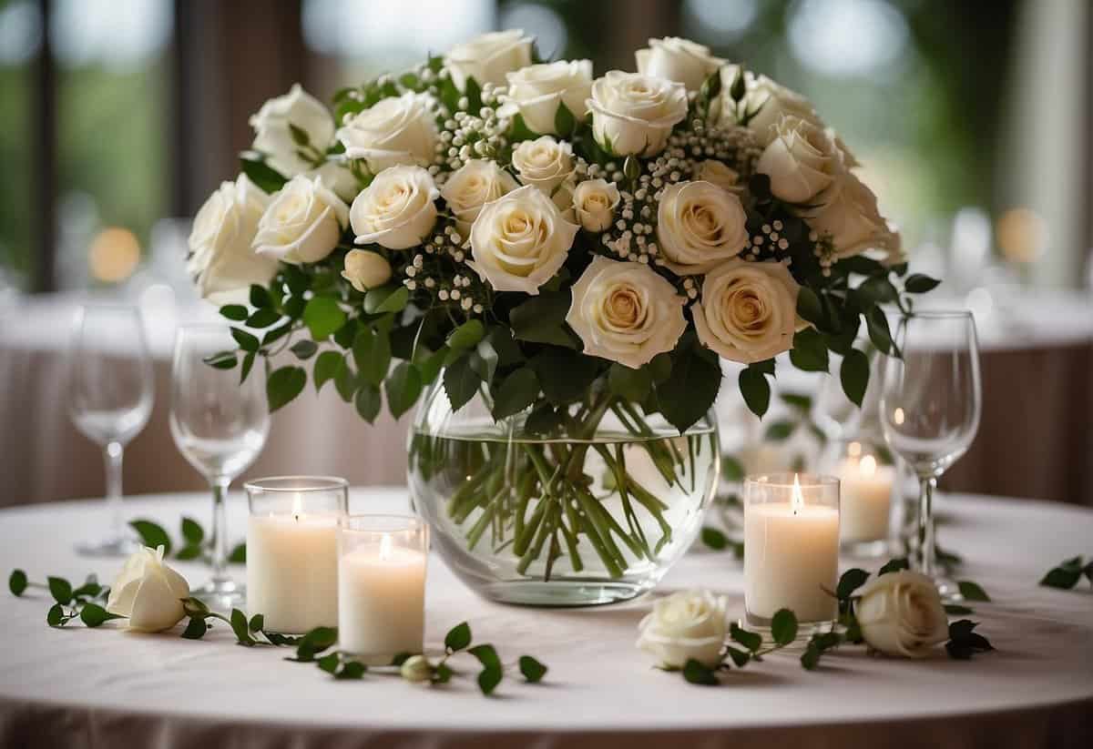 A hurricane vase filled with white roses and greenery stands as a wedding centerpiece on a round table adorned with scattered rose petals