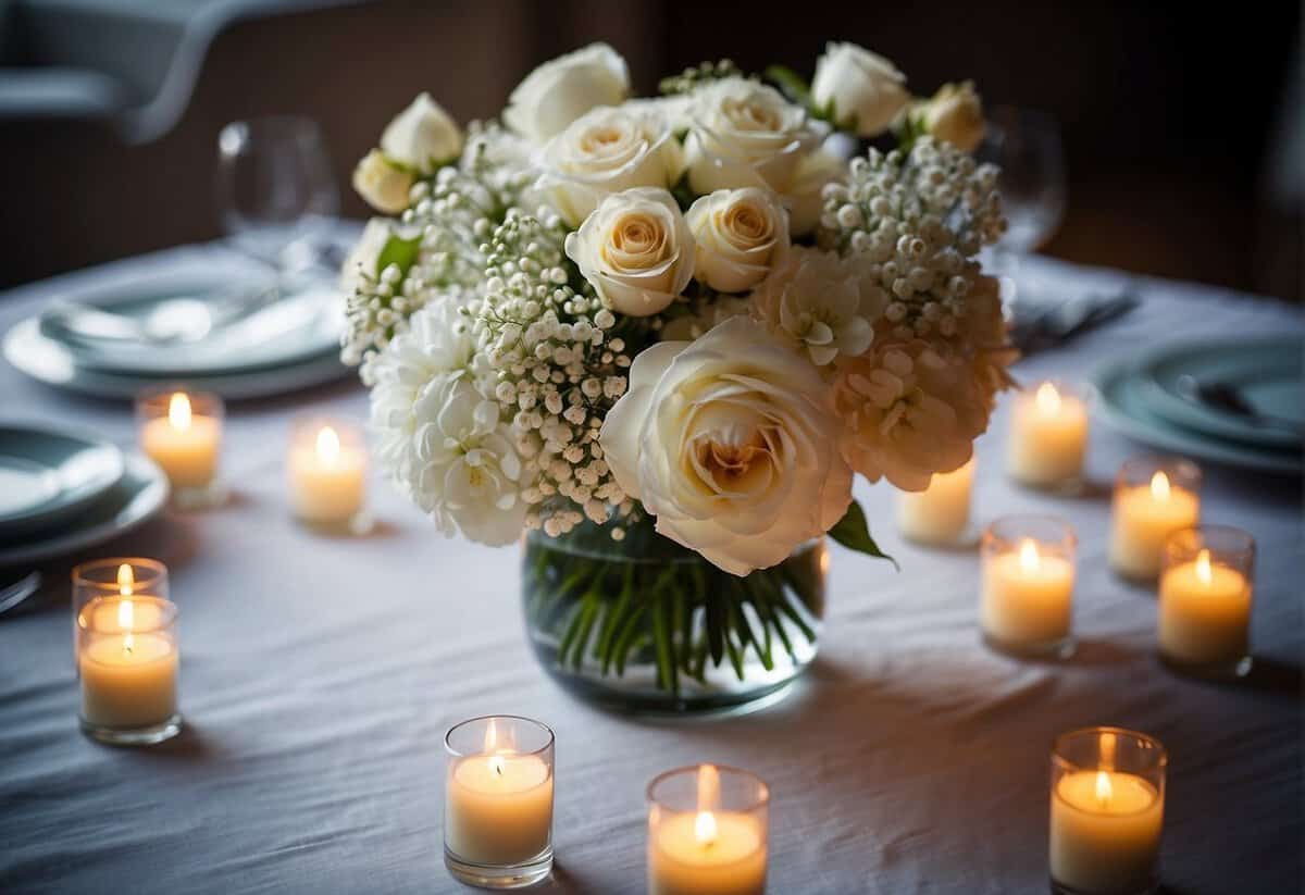 A round hurricane vase sits atop a white tablecloth, filled with delicate white flowers and surrounded by flickering candles