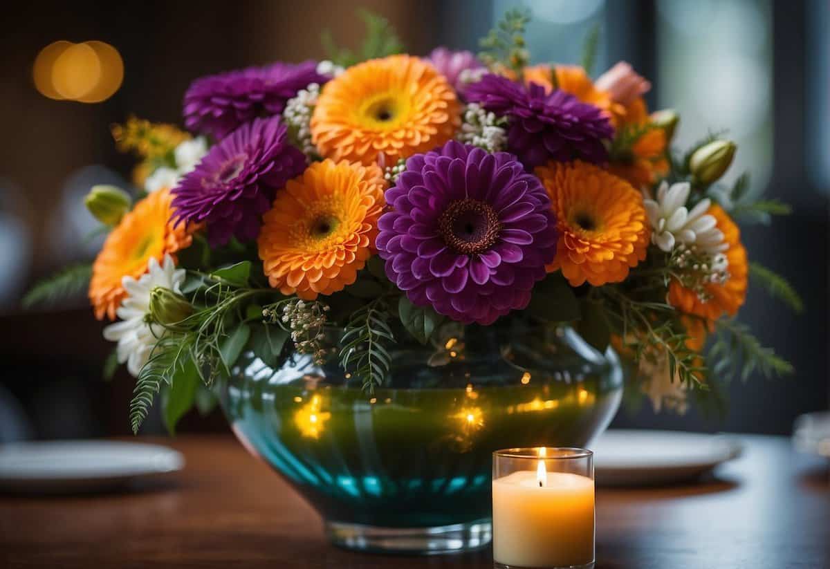 A hurricane vase filled with vibrant flowers, surrounded by flickering candles, serves as a stunning wedding centerpiece idea