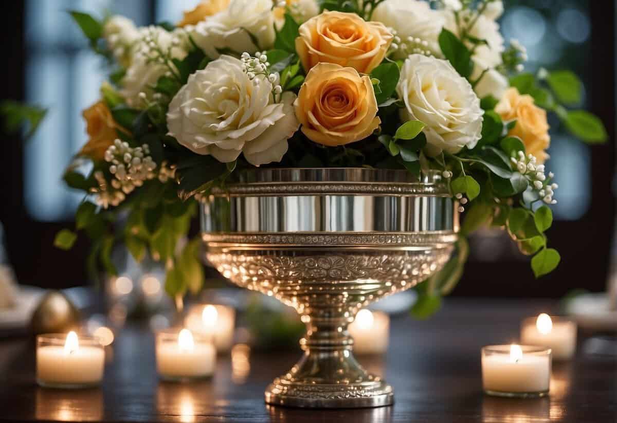 A hurricane vase filled with flowers and surrounded by candles sits atop a mirrored centerpiece. Greenery and pearls adorn the base
