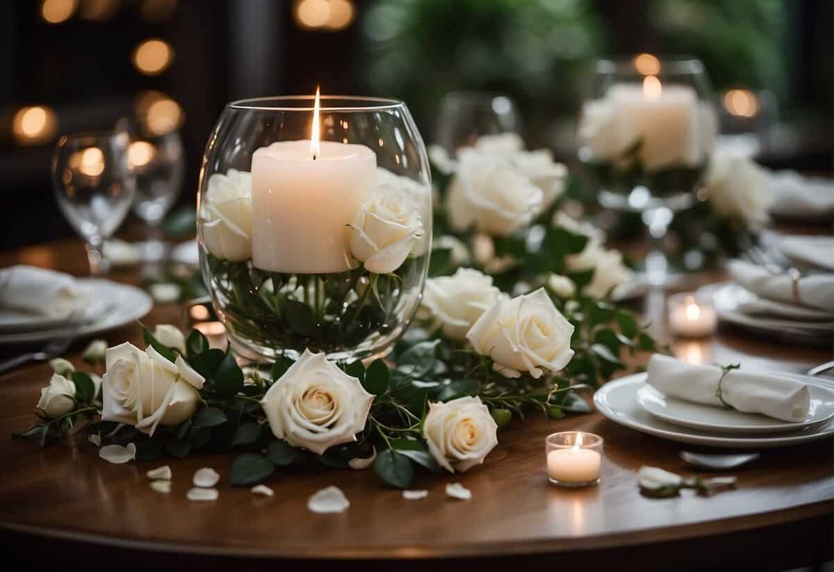 A hurricane vase filled with white roses and greenery sits atop a round reception table, surrounded by flickering tea lights and scattered rose petals
