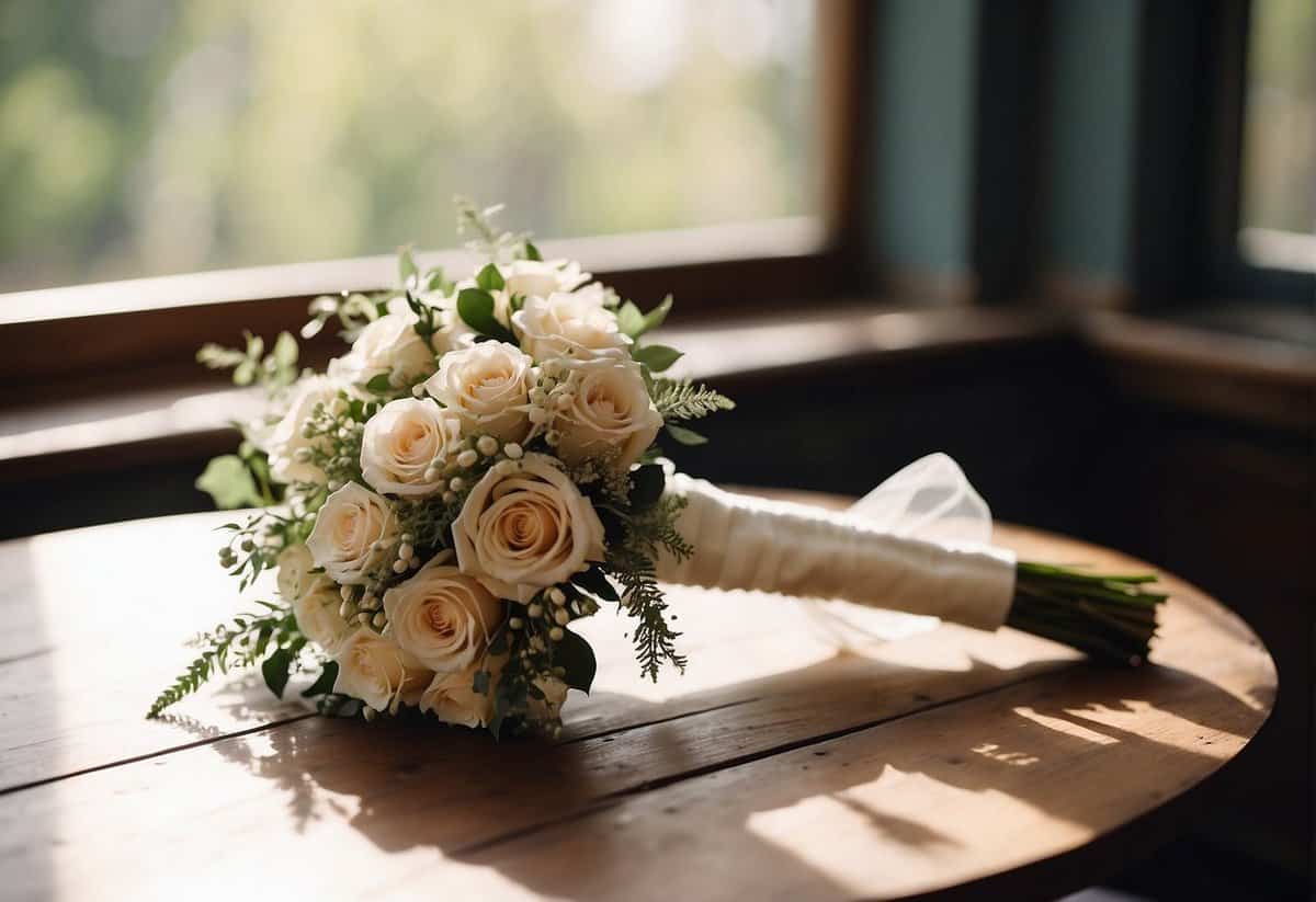 A bride's bouquet and a groom's boutonniere resting on a vintage table with soft natural light streaming in from a nearby window