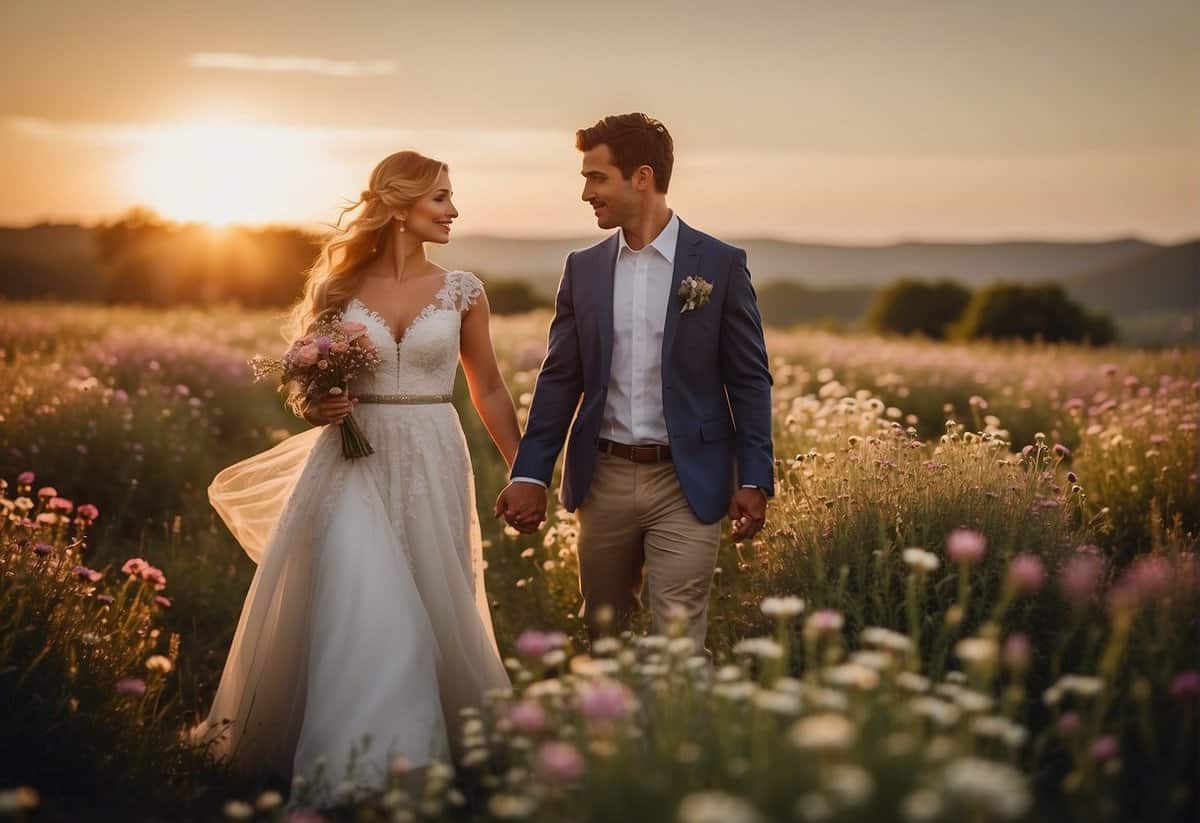 A bride and groom holding hands, walking through a field of wildflowers with the sun setting behind them