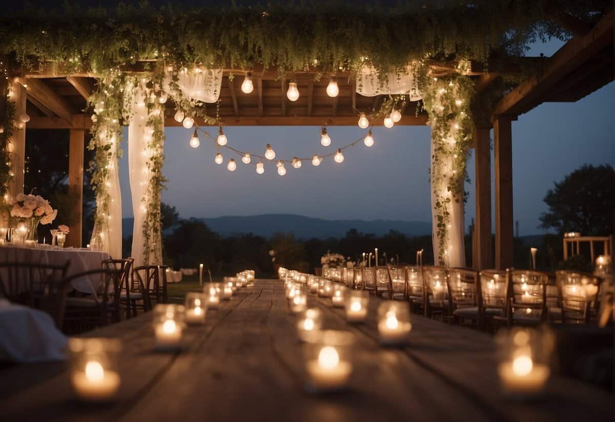 A romantic outdoor wedding setting with fairy lights, floral arches, and a vintage wooden sign. A cozy indoor reception with draped fabric, elegant centerpieces, and soft candlelight