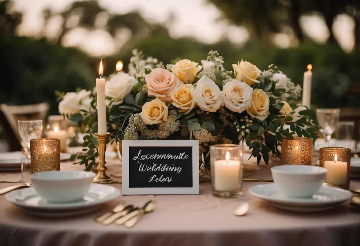 A table adorned with flowers, candles, and elegant place settings. A sign reads "Last Minute Wedding Ideas" with a display of DIY centerpieces