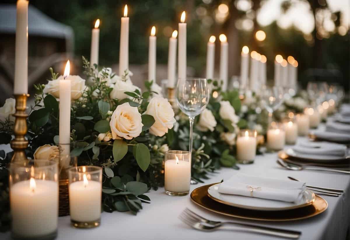 A table set with last-minute wedding decor: candles, flowers, and elegant place settings. A sign reads "Essential Preparations."