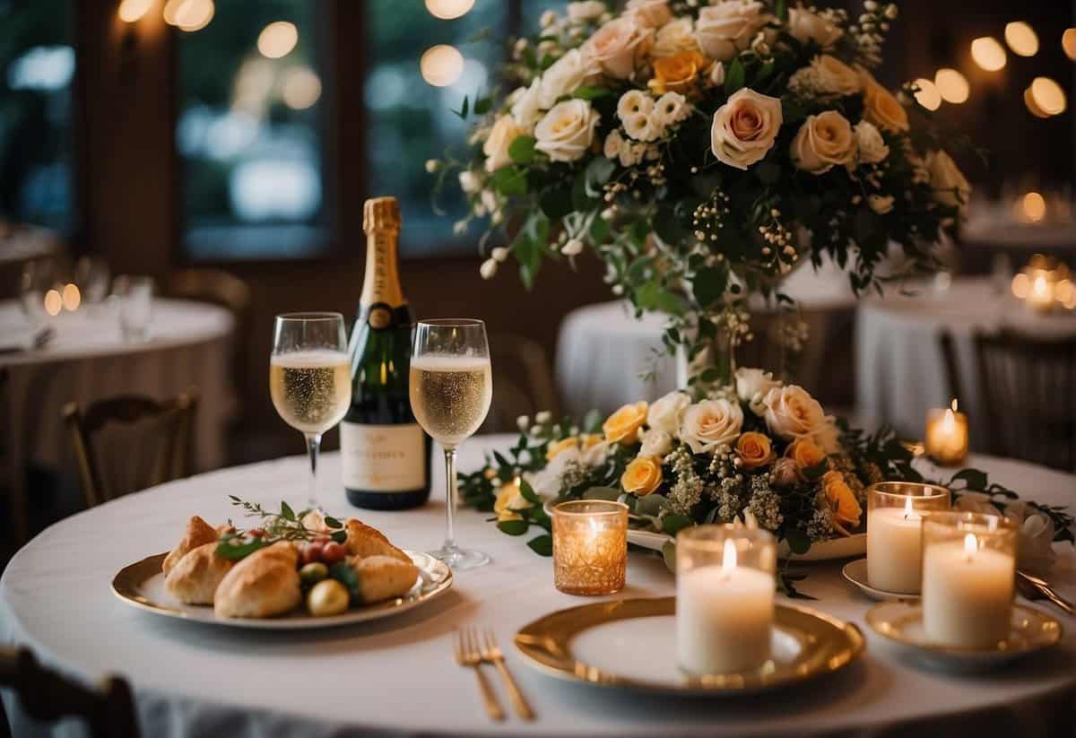 A table adorned with floral centerpieces, elegant place settings, and a variety of hors d'oeuvres. A champagne tower glistens in the background, surrounded by twinkling fairy lights