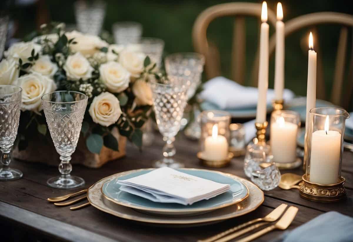 A table with wedding-themed decor, gift and registry lists, and last-minute idea books