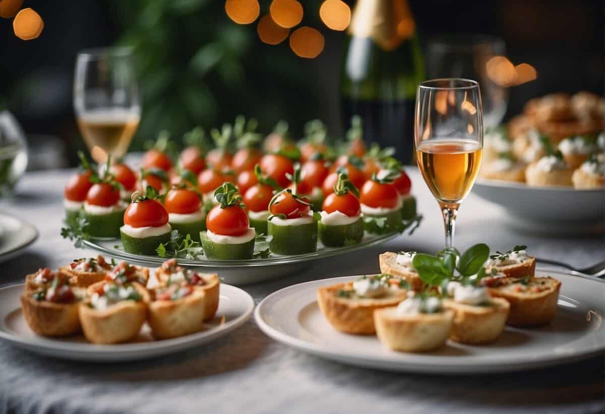 A table adorned with a variety of elegant hors d'oeuvres, including mini quiches, bruschetta, and skewers of caprese salad, surrounded by floral decorations and champagne glasses