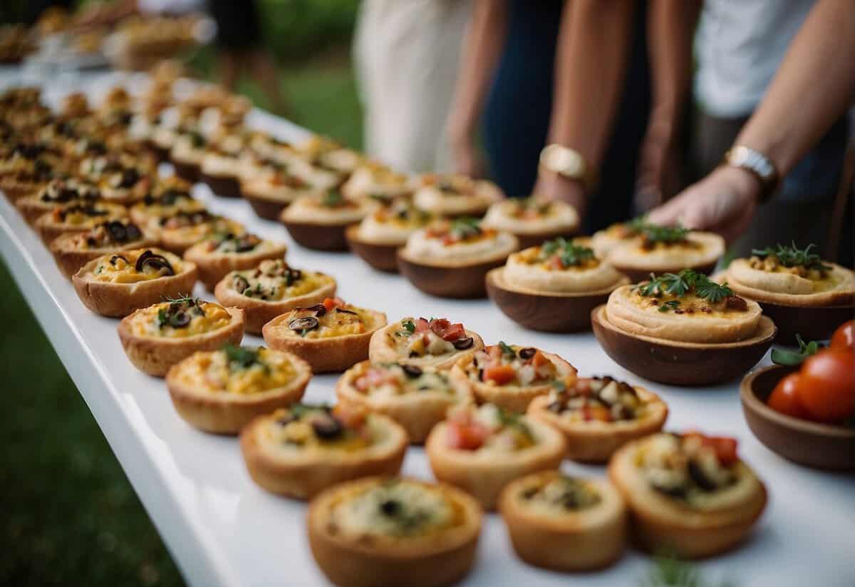Guests browse a table of elegant hors d'oeuvres options for a wedding shower, including mini quiches, stuffed mushrooms, and bruschetta