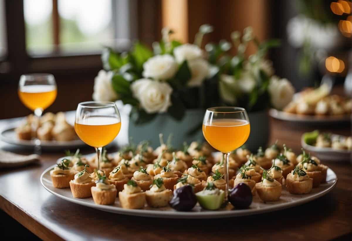 A table displays elegant hors d'oeuvres next to artfully arranged signature drink pairings for a wedding shower
