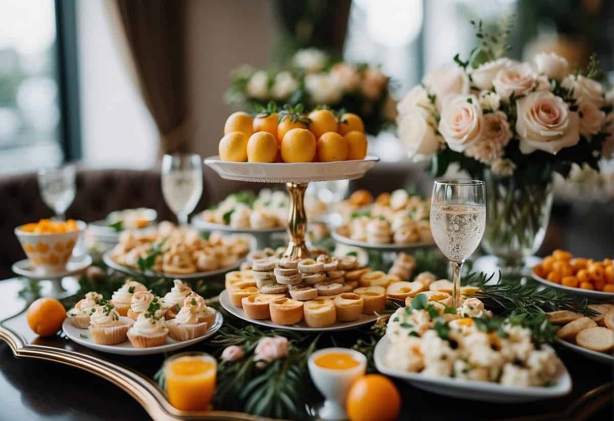 A table adorned with an array of elegant hors d'oeuvres, displayed on tiered trays and platters, surrounded by delicate floral arrangements and sparkling glassware
