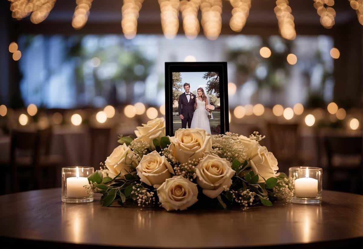 A table adorned with wedding photos, a projector casting images onto a blank wall, surrounded by twinkling lights and floral decorations