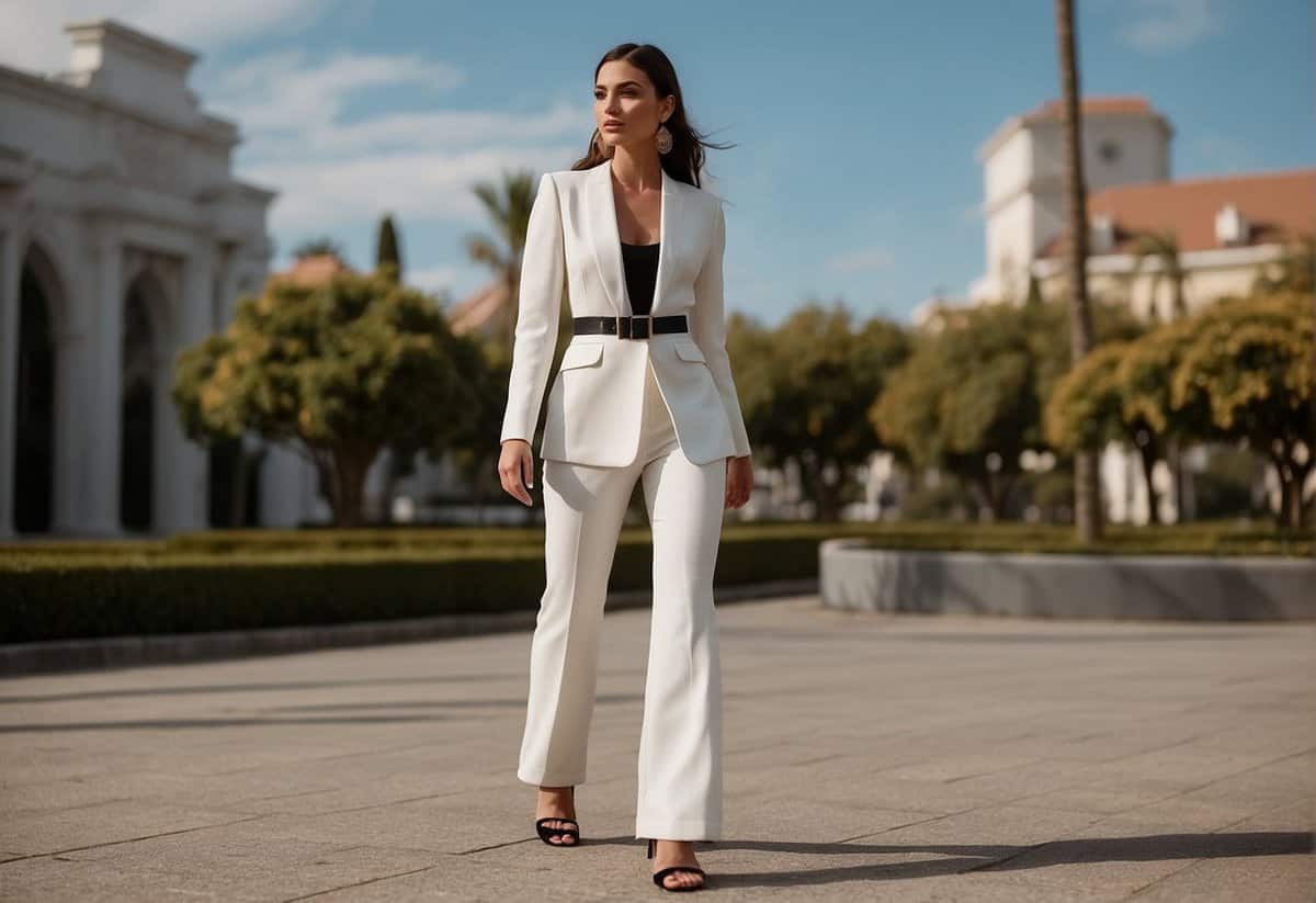 A bride in a sleek white pantsuit, with a tailored jacket and wide-leg trousers, accessorized with a statement belt and elegant heels