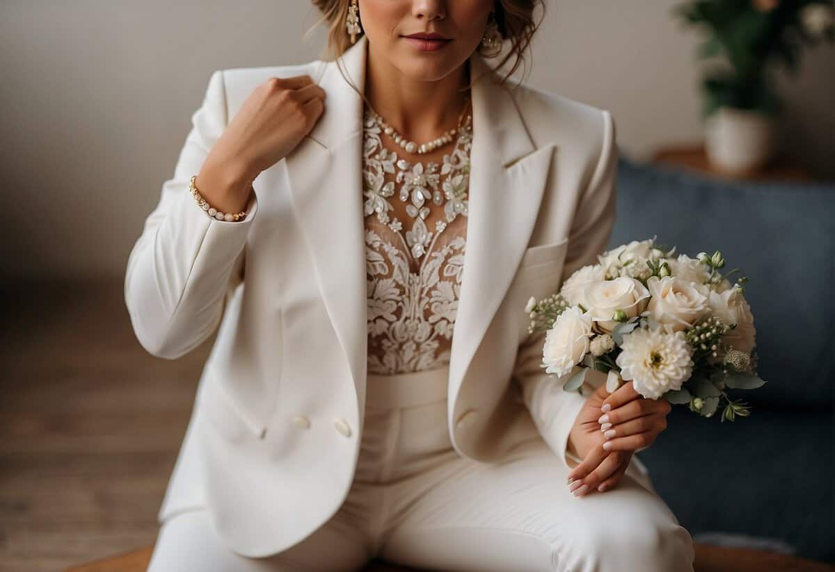 A bride in a tailored pantsuit with a fitted blazer and wide-leg trousers, paired with a delicate lace top and statement jewelry