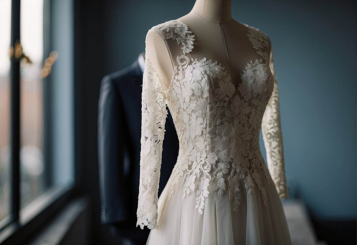 A sleek, tailored wedding suit hangs on a hanger, with a delicate lace veil draped over the shoulders. A pair of elegant heels sit neatly beside the suit, completing the perfect bridal ensemble