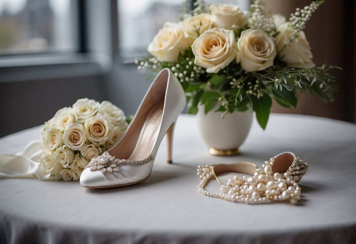 A white wedding suit is laid out on a table, with a bouquet of fresh flowers and a delicate lace veil draped over it. A pair of elegant heels and a pearl necklace are placed nearby