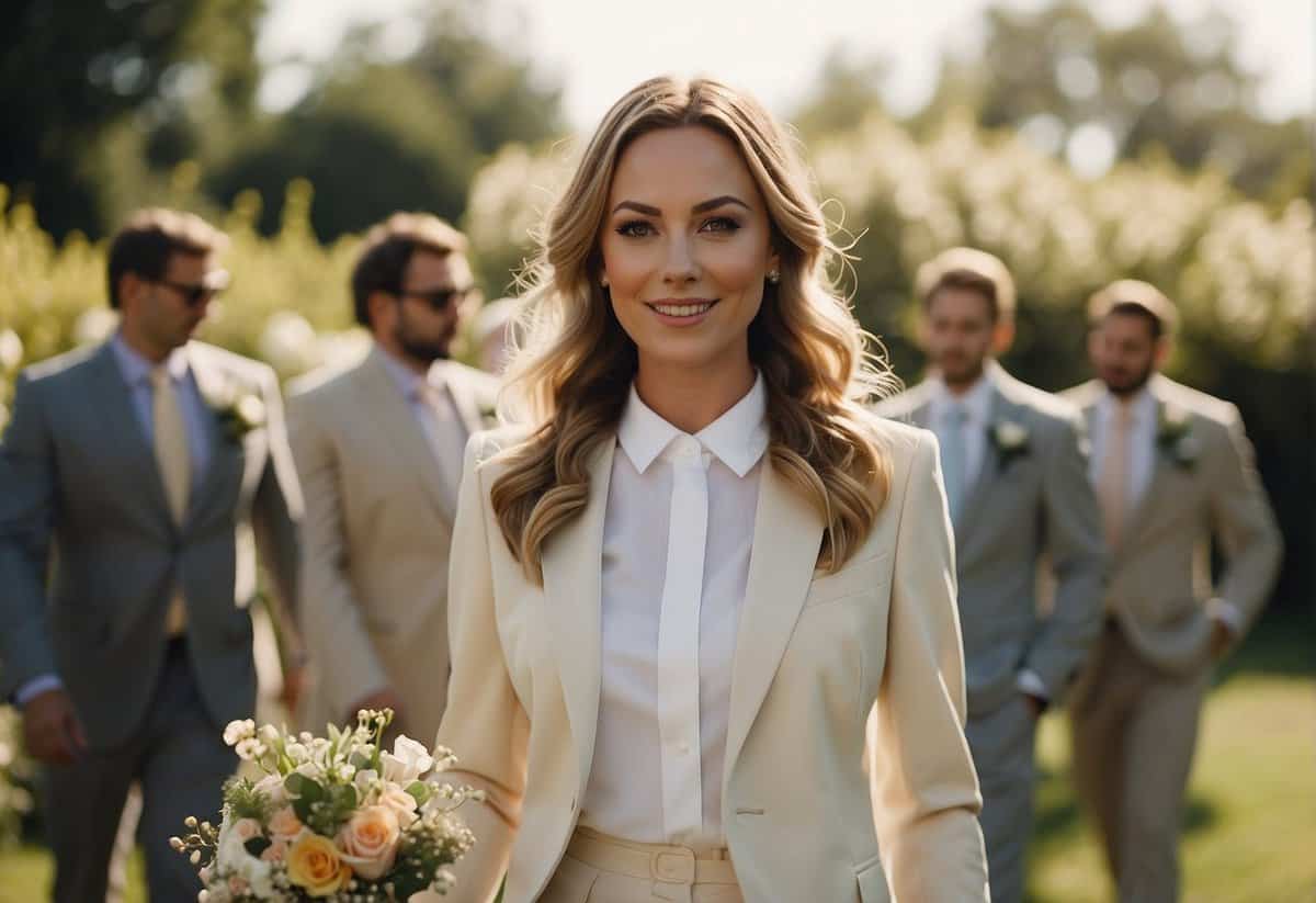 A sunny outdoor garden wedding with a bride wearing a light, flowing suit in pastel colors. The groom wears a tailored, linen suit in a neutral tone