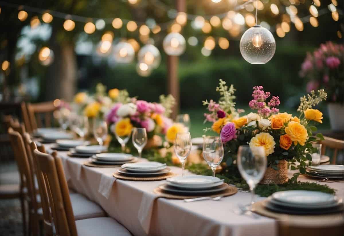 A backyard garden filled with colorful flowers and elegant decorations. Tables adorned with delicate centerpieces and sparkling lights strung overhead. A serene and romantic atmosphere for a summer wedding shower