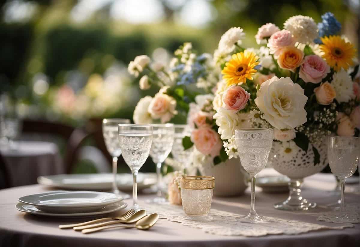 A backyard garden filled with colorful flowers and elegant white lace decorations, with a table adorned with delicate floral centerpieces and sparkling glassware