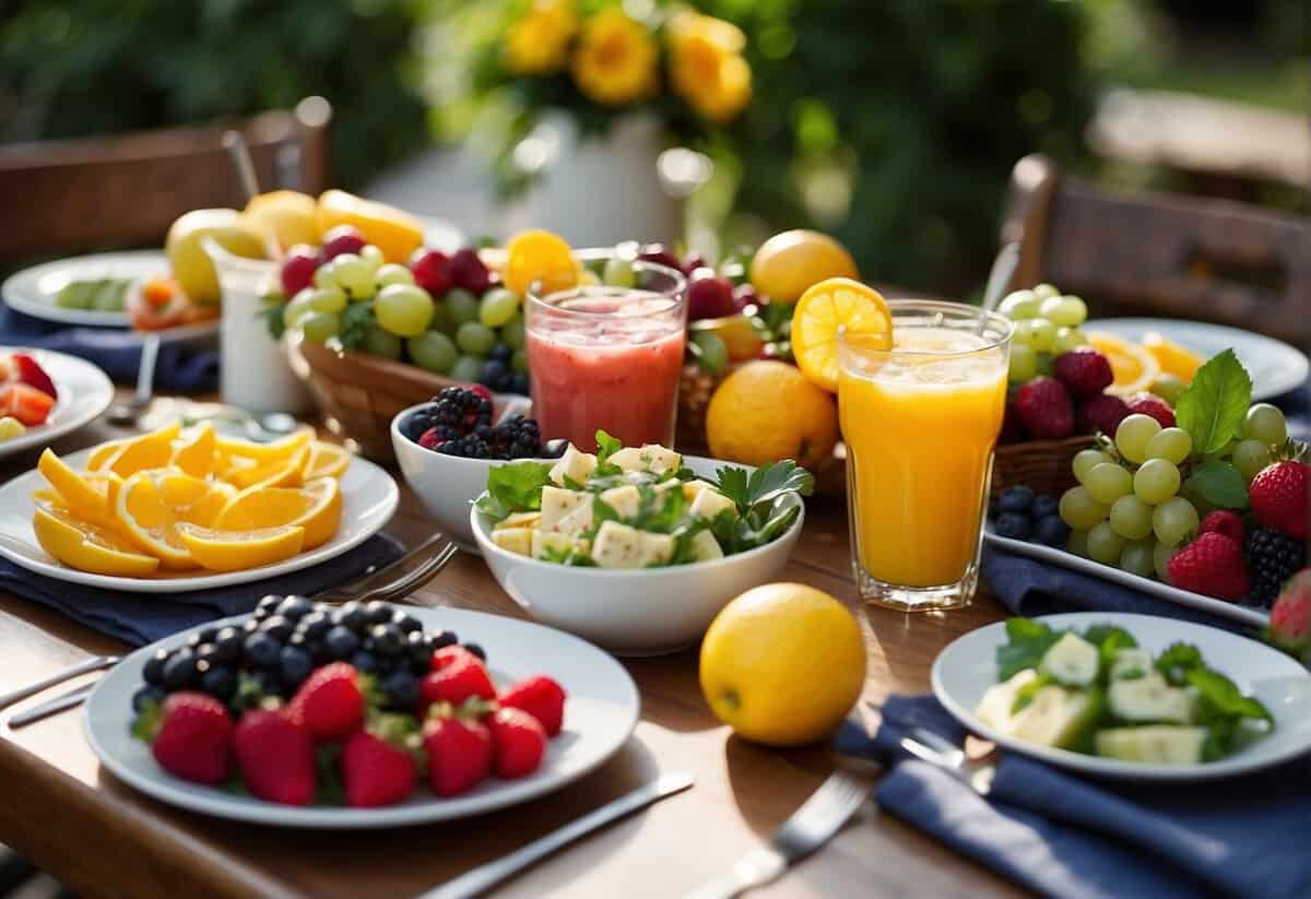 A table set with colorful, fresh summer fruits, salads, and refreshing drinks for a wedding shower