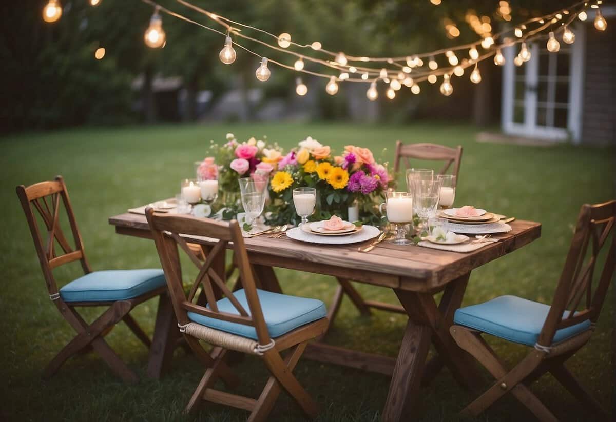 A backyard garden adorned with colorful flowers and string lights, with a table set for a summer wedding shower. Refreshing drinks and elegant decor complete the scene