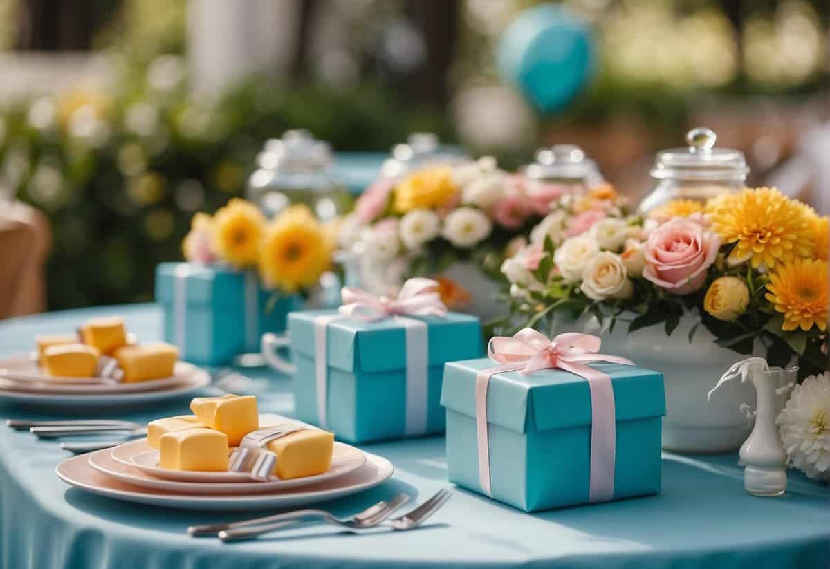 A table adorned with colorful bridal shower favors and gifts, surrounded by summer wedding decor and flowers