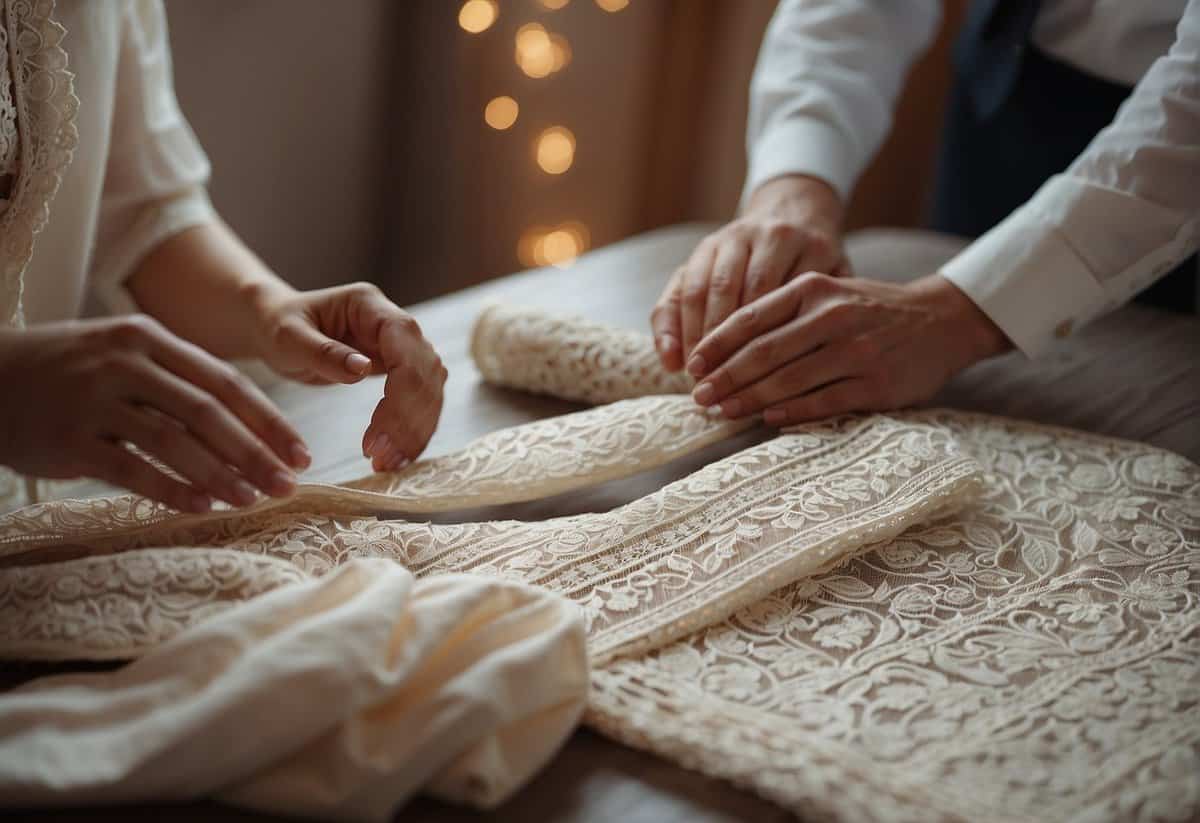 A couple exchanging traditional lace and modern textile gifts, surrounded by a backdrop of delicate lace patterns and modern textile designs