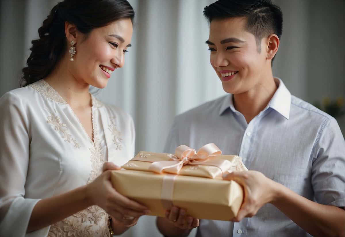 A couple exchanging lace and textile gifts, symbolizing the 13th wedding anniversary's traditional significance