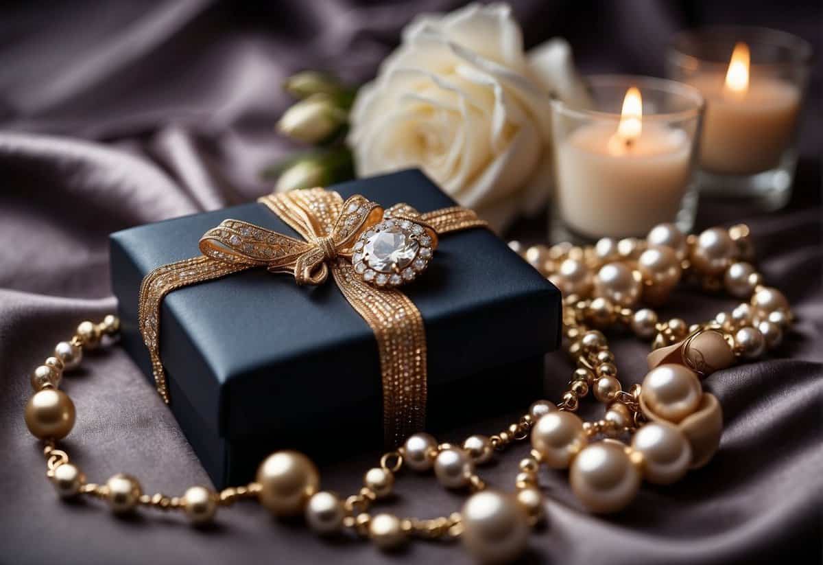 A beautifully wrapped gift box surrounded by elegant jewelry, luxurious fabrics, and stylish accessories, representing 13th wedding anniversary gift ideas