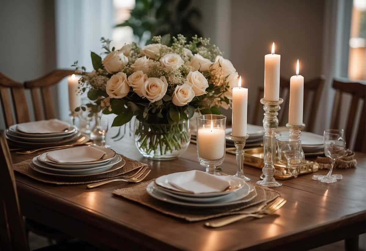 A beautifully set dining table with elegant dinnerware, a bouquet of flowers, and a candle centerpiece. A cozy living room with a throw blanket, decorative pillows, and a personalized photo frame
