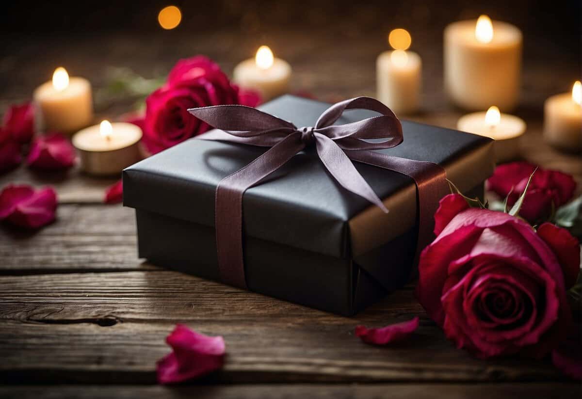 A beautifully wrapped gift box sits on a rustic wooden table, surrounded by scattered rose petals and flickering candlelight. A handwritten note peeks out from under the ribbon, adding a personal touch to the anniversary surprise