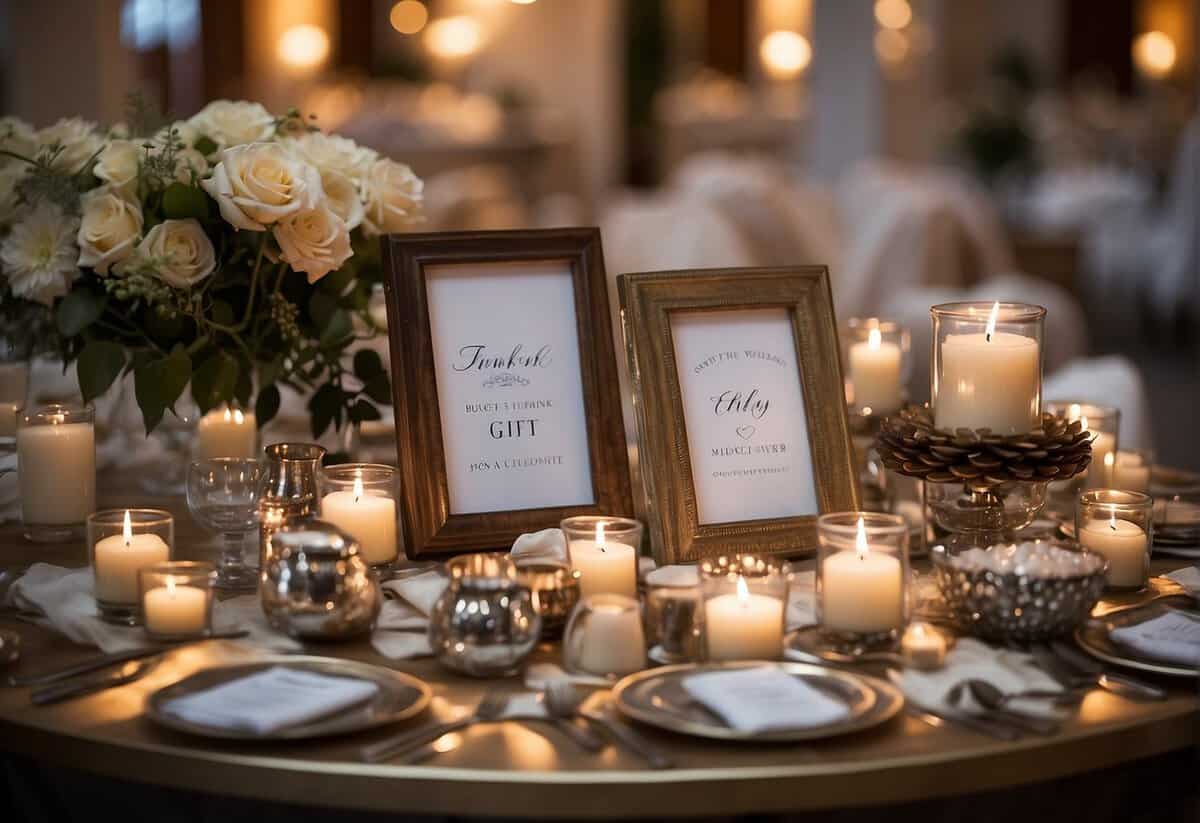 A table with a variety of affordable wedding gifts: photo frames, candles, kitchenware, and decorative items. A sign reads "Budget-Friendly Wedding Gifts" above the display