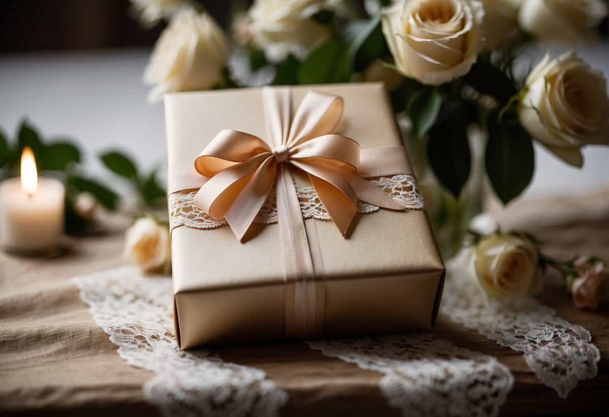 A beautifully wrapped gift sits on a table, surrounded by elegant floral arrangements and delicate lace. A card with a heartfelt message peeks out from the ribbon