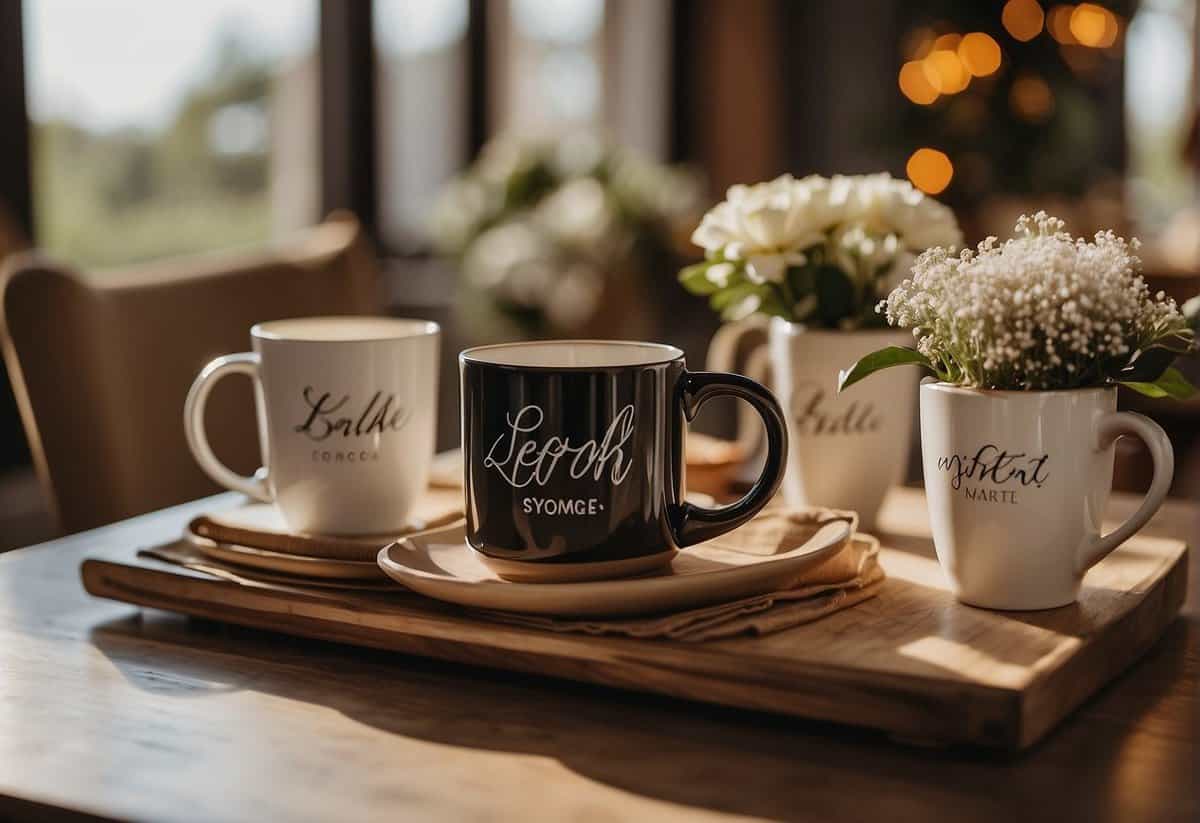 A table with personalized gifts for a couple, including custom mugs, photo frames, and a decorative sign. Affordable wedding gift ideas displayed in a warm, inviting setting
