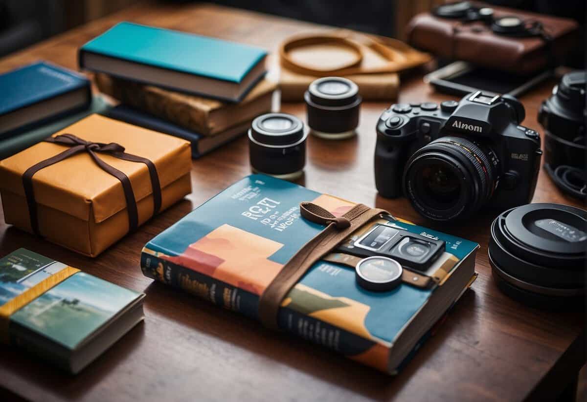 A colorful assortment of adventure-themed gifts, such as travel books, cooking classes, and outdoor gear, arranged on a table