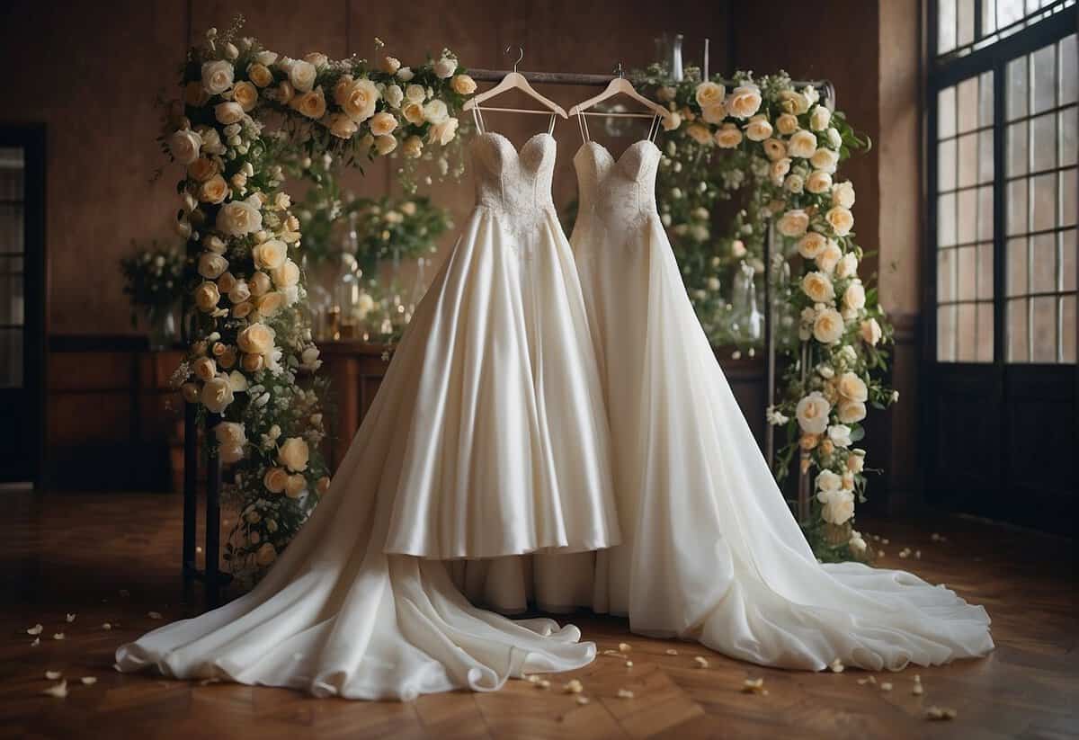 A white wedding dress hangs on a vintage coat rack, surrounded by scattered flower petals and discarded champagne glasses