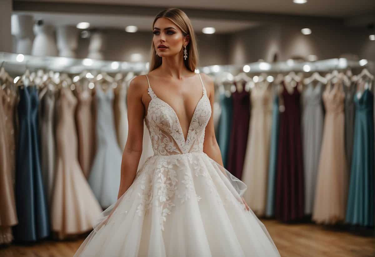 A bride browsing through a variety of elegant and stylish dresses, each with unique designs and details, in a boutique setting