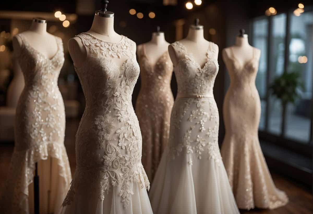 A collection of elegant wedding dresses displayed on mannequins with intricate lace details and flowing silhouettes, set against a backdrop of soft, romantic lighting