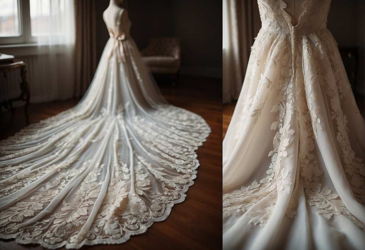 A wedding dress with intricate lace, delicate beading, and flowing chiffon, adorned with unique details like a statement bow or dramatic train