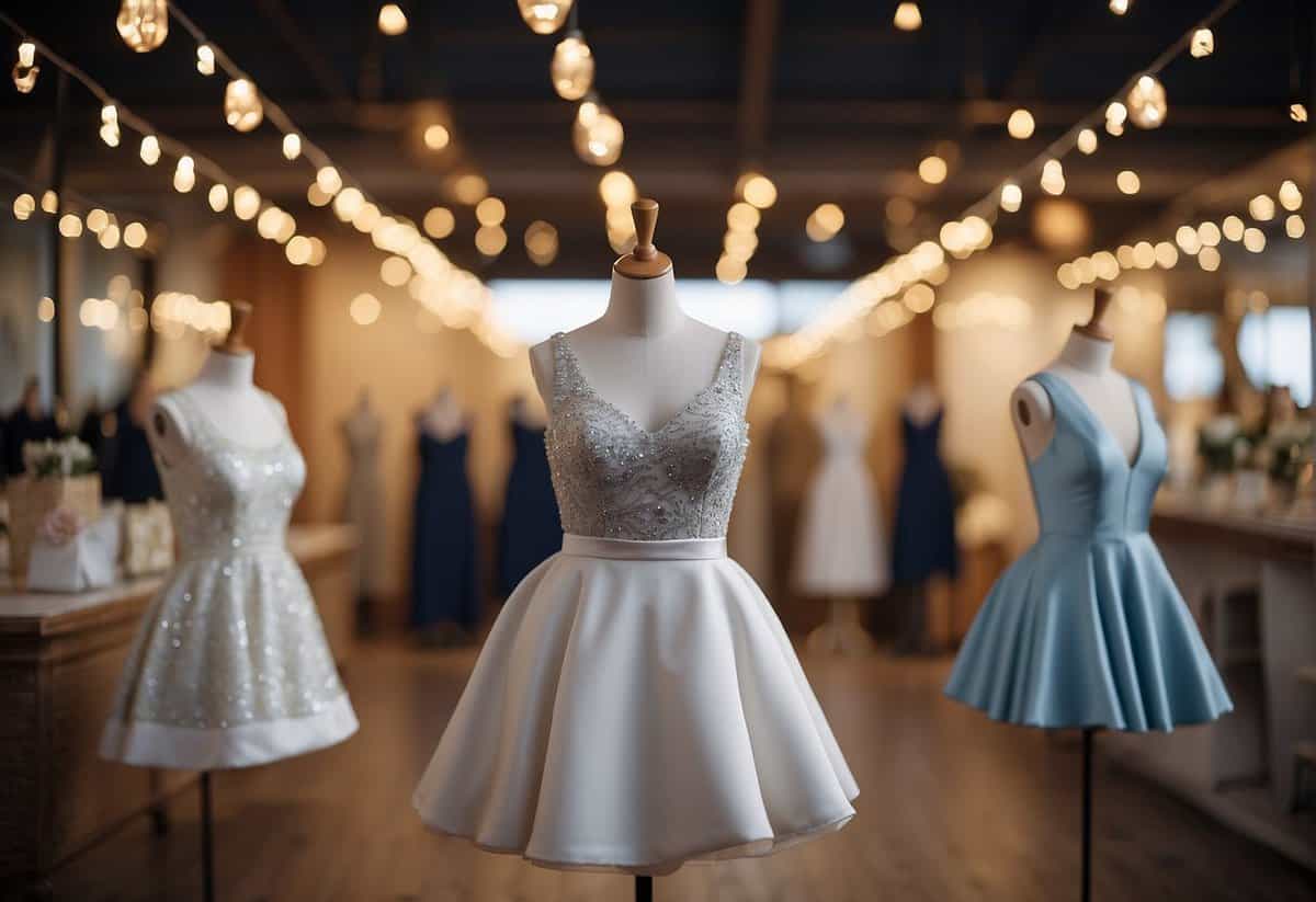 A display of mini dresses and jumpsuits in a celebratory setting, with wedding-related decor and a joyful atmosphere