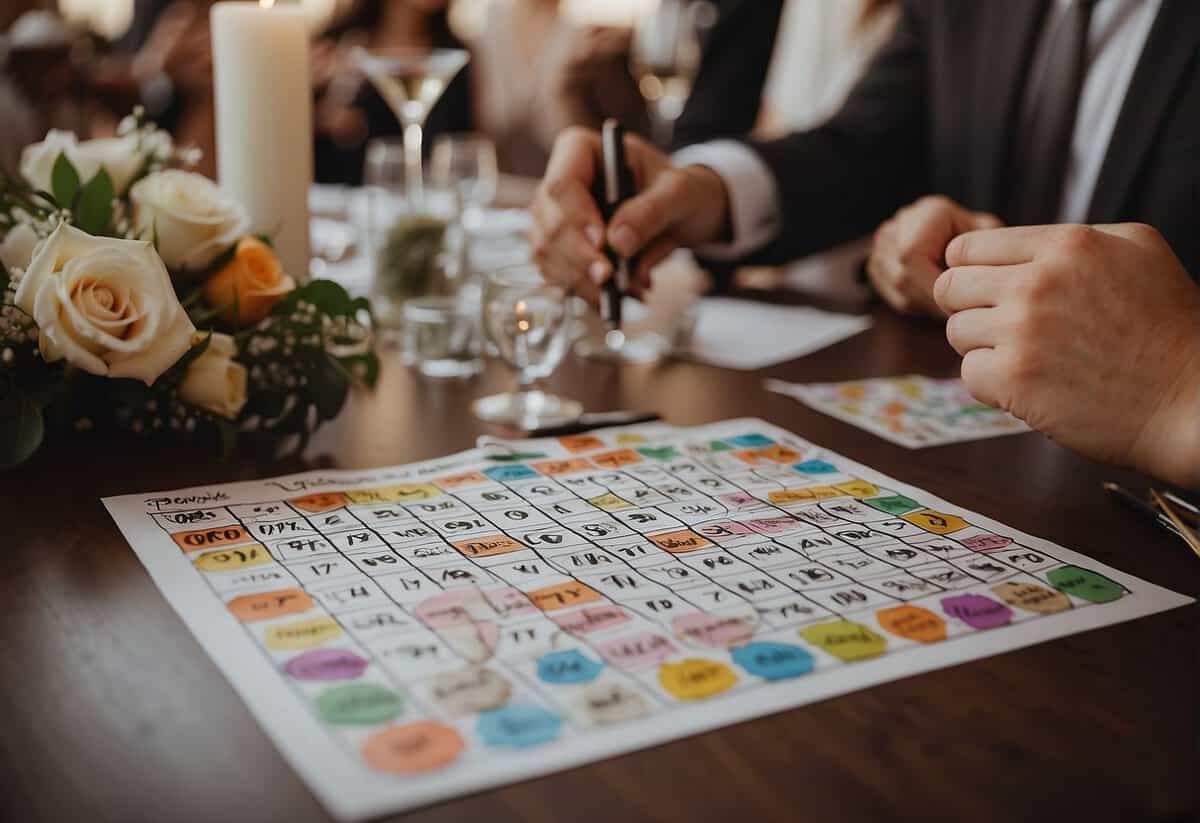 Guests filling out wedding bingo cards at a decorated table with markers and prizes